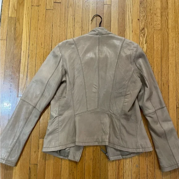 Taupe Michael Kors 100% Genuine Leather moto style jacket flared sleeve M - Picture 4 of 7